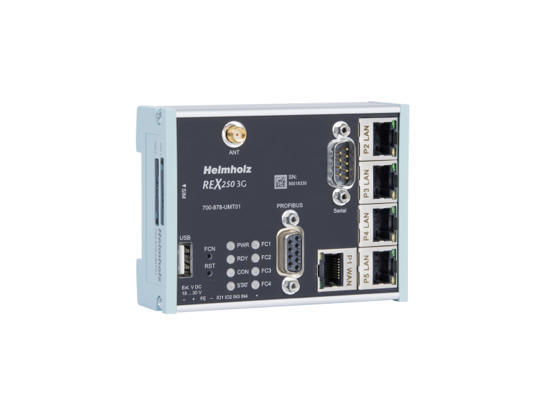 Helmholz REX 250 3G, 4 x LAN (switch), 1 x WAN, 1 x 3G modem (UMTS), 1 x PROFIBUS, 1 x series interface