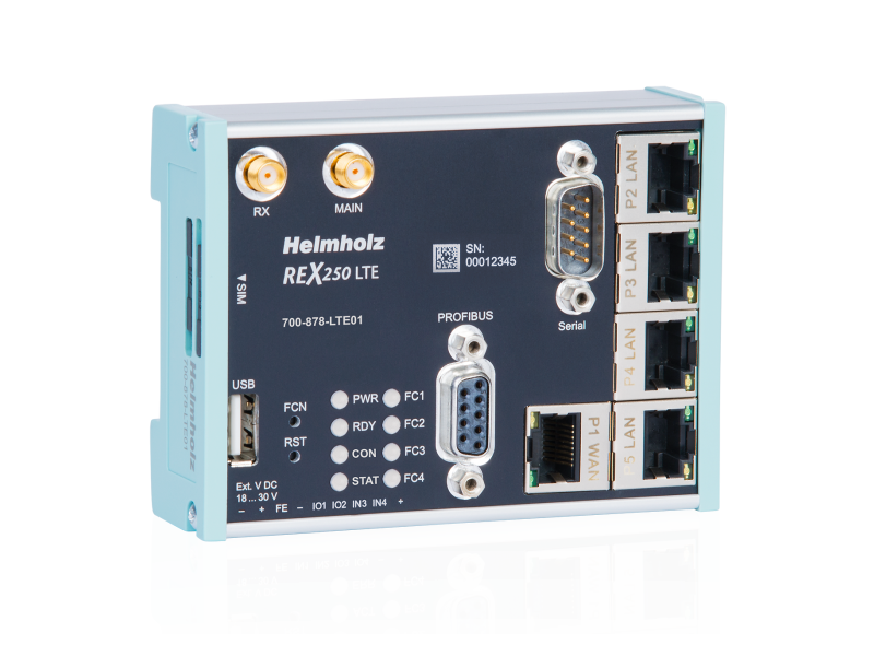 Helmholz REX 250 LTE, 4 x LAN (switch), 1 x WAN, 1 x LTE modem, 1 x PROFIBUS, 1 x series interface; 700-878-LTE02