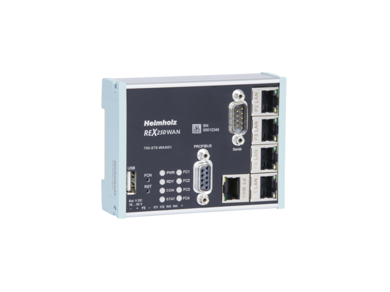 Helmholz REX 250 WAN, 4 x LAN (switch)/1 x WAN, 1 x PROFIBUS, 1 x series interface; 700-878-WAN02