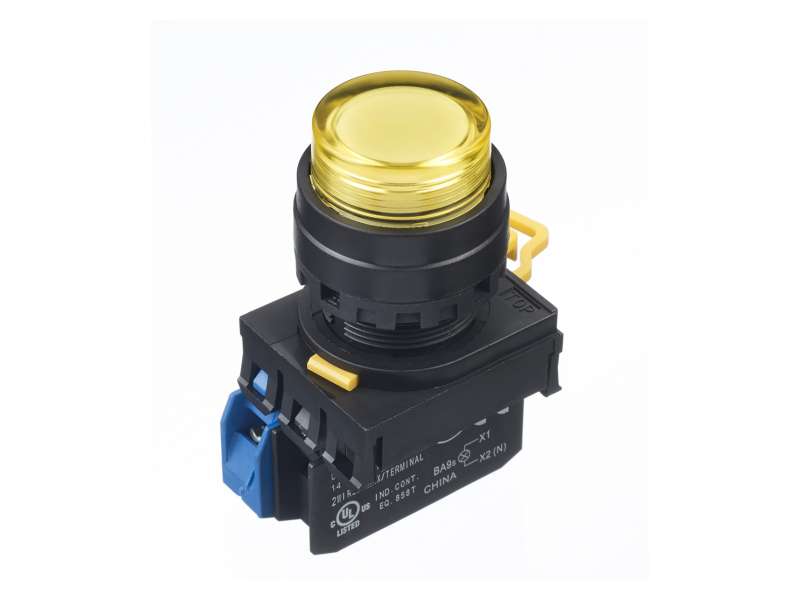 IDEC Pushbutton - illuminated / YW series, Ø30mm dome pilot light /extended button, Momentary, Plastic bezel , 1NO, 0NC Yellow 24V AC