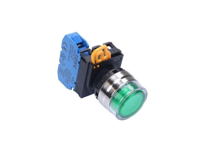 IDEC Pushbutton - illuminated / YW series, Ø30mm extended with full shroud, Momentary, Metal bezel, 1NO, 0NC Green 24V AC/DC; YW4L-MF