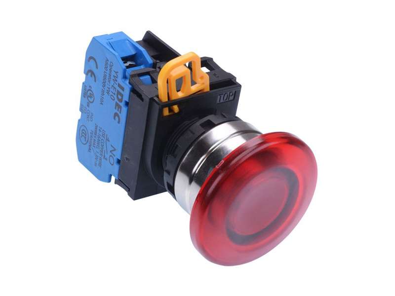 IDEC Pushbutton - illuminated / YW series, Ø40mm mushroom button, Momentary, Metal bezel, 1NO, 0NC Red 24V AC/DC; YW4L-M4E10Q4R
