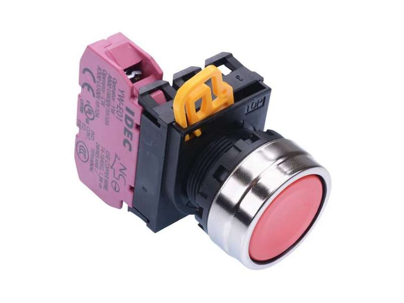 IDEC Pushbutton - non illuminated / YW series, Ø30mm button, Maintained, Metal bezel, 0NO, 1NC Red; YW4B-A1E01R