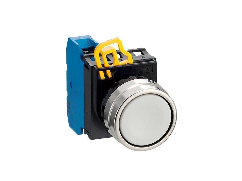 IDEC Pushbutton - non illuminated / YW series, Ø30mm button, Maintained, Metal bezel, 1NO, 0NC White; YW4B-A1E10W