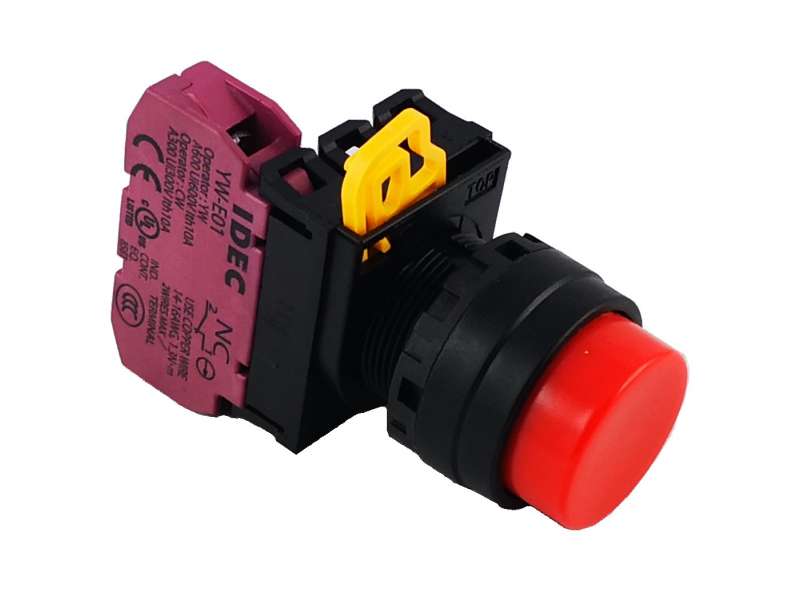 IDEC Pushbutton - non illuminated / YW series, Ø30mm dome pilot light /extended button, Momentary, Plastic bezel , 0NO, 1NC Red; YW1B