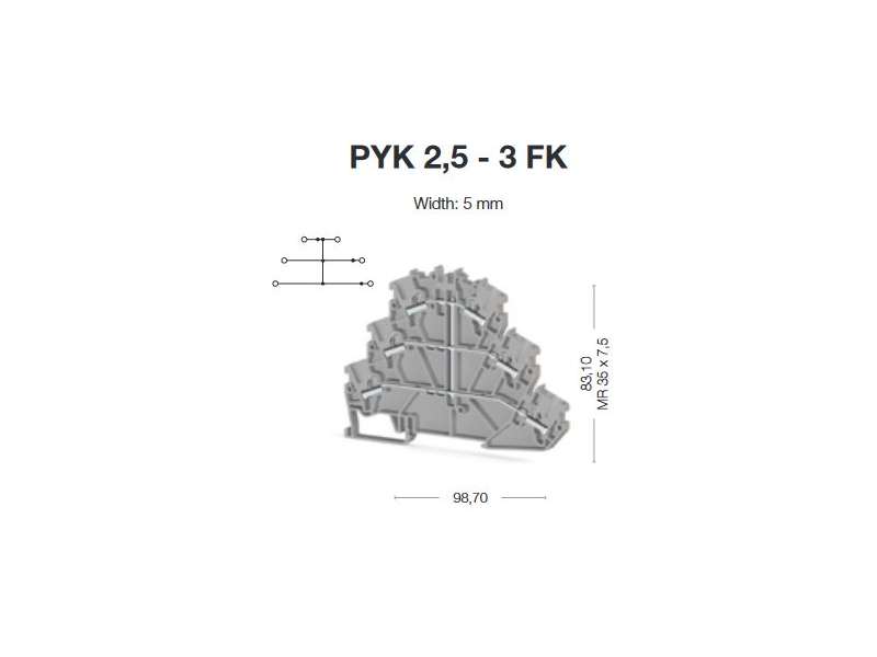 Klemsan Trospratna utična stezaljka  2,5mm2 PYK 2,5-3FK GREY ; 307559