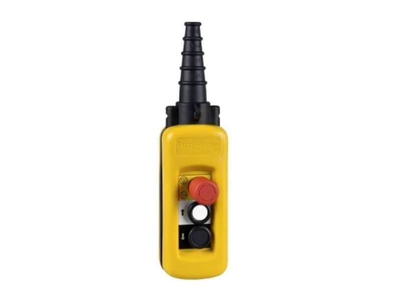Schneider Electric Harmony XAC, Pendant control station, plastic, yellow, 2 push buttons with 1 NO, 1 emergency stop NC ; XACA2713