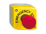 Schneider Electric Control station, Harmony XALK, plastic, yellow lid, 1 red mushroom push button 40mm, turn to release, 1NO + 2NC, marked EMERGENC